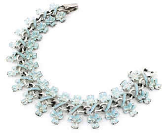 Aqua blue signed Coro post-1955 floral bracelet, enameled, infinity-links