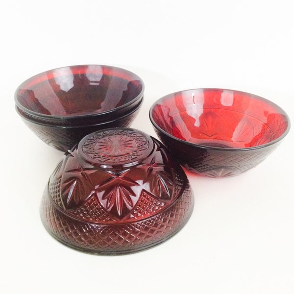 Vintage Luminarc Cristal D''Arques Durand, Ruby-Red Pressed-Glass Soup/ Salad Bowls. Art deco. Made in France.