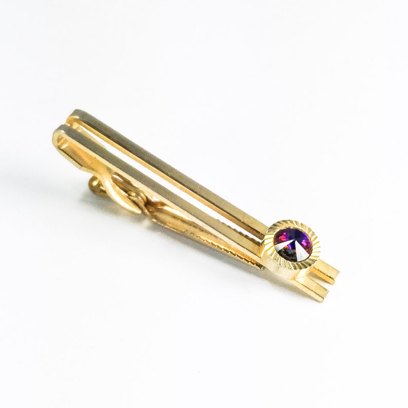 Vintage Tie Bar Clip, Gold Plate With Rainbow Watermelon Rivoli