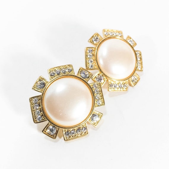 Vintage Monet Earrings. Gold, Pearl Cabochon, Pav… - image 1