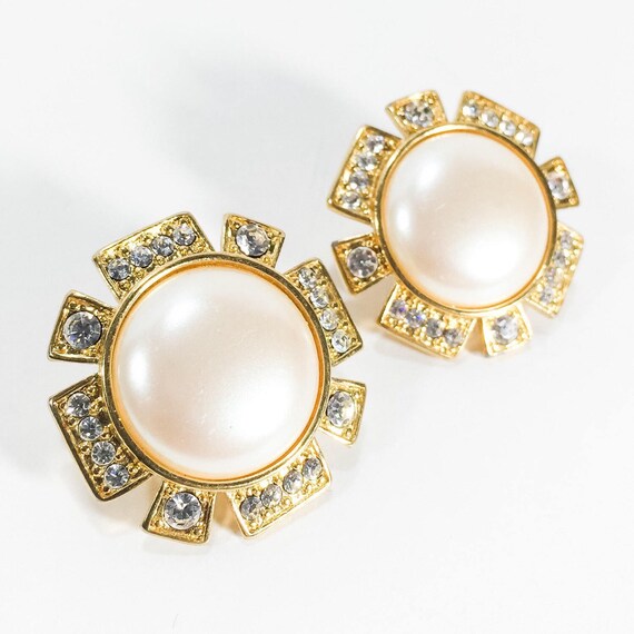 Vintage Monet Earrings. Gold, Pearl Cabochon, Pav… - image 2