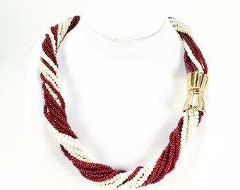 Vintage Signed Rau Klikit Seed Beaded Necklace Gold Magnetic Clasp. Dark Red & Off White Beads. EVC