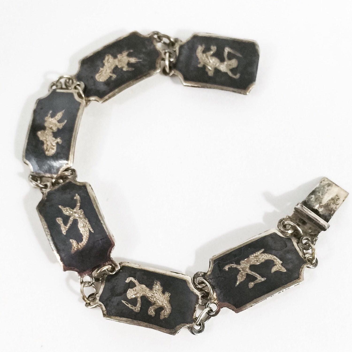 Vintage SIAM STERLING Silver Thai Niello Panel Bracelet Siam Silver: Classical Thai Dancers Panel Bracelet, Vintage Thai Niello.