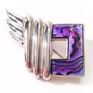 Fifth Avenue collection signed butler brooch Silvertone abalone shell and purple enamel
