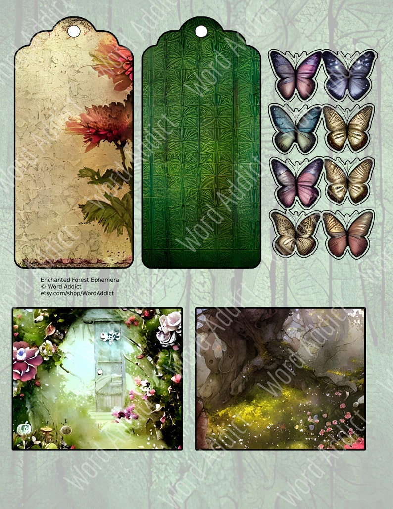 Enchanted Forest Digital Junk Journal Scrapbook Pages, Whimsical, Ephemera, Pockets, Tags, Digital Download, Creative, Tabs, Stickers image 3