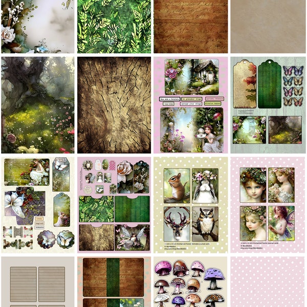 Enchanted Forest Digital Junk Journal Scrapbook Pages, Whimsical, Ephemera, Pockets, Tags, Digital Download, Creative, Tabs, Stickers