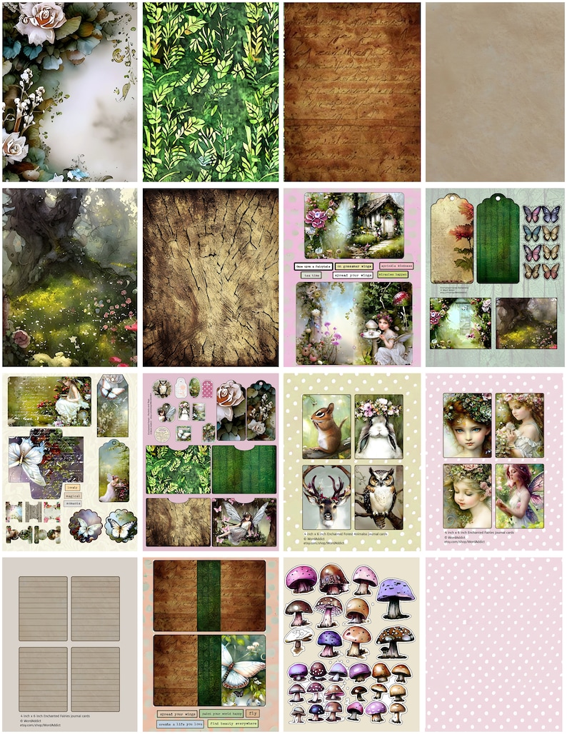 Enchanted Forest Digital Junk Journal Scrapbook Pages, Whimsical, Ephemera, Pockets, Tags, Digital Download, Creative, Tabs, Stickers image 1