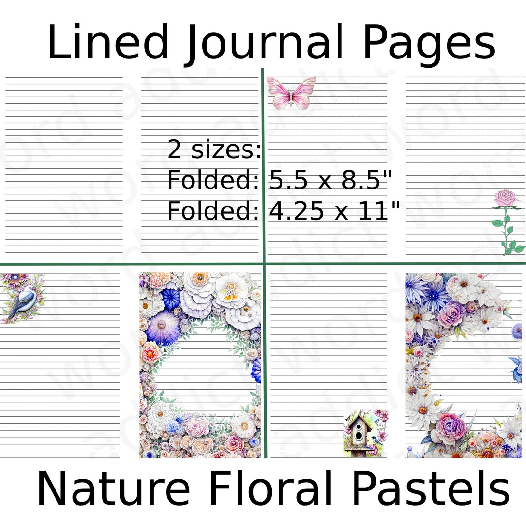 Lined Journal Pages, Digital Download, Floral, Butterfly, Birds for ...