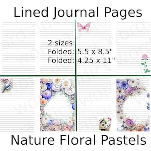 Lined journal pages, digital download, floral, butterfly, birds for junk journal, art journal, diary, bullet journal, folded, 2 sizes