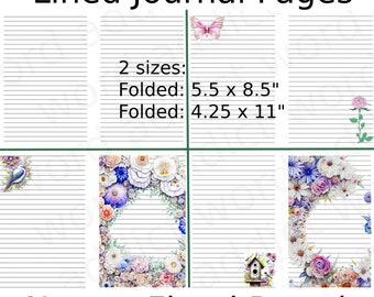 Floral Lined Journal Pages: Butterfly, Bird Designs (Digital Download)
