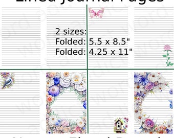 Lined journal pages, digital download, floral, butterfly, birds for junk journal, art journal, diary, bullet journal, folded, 2 sizes