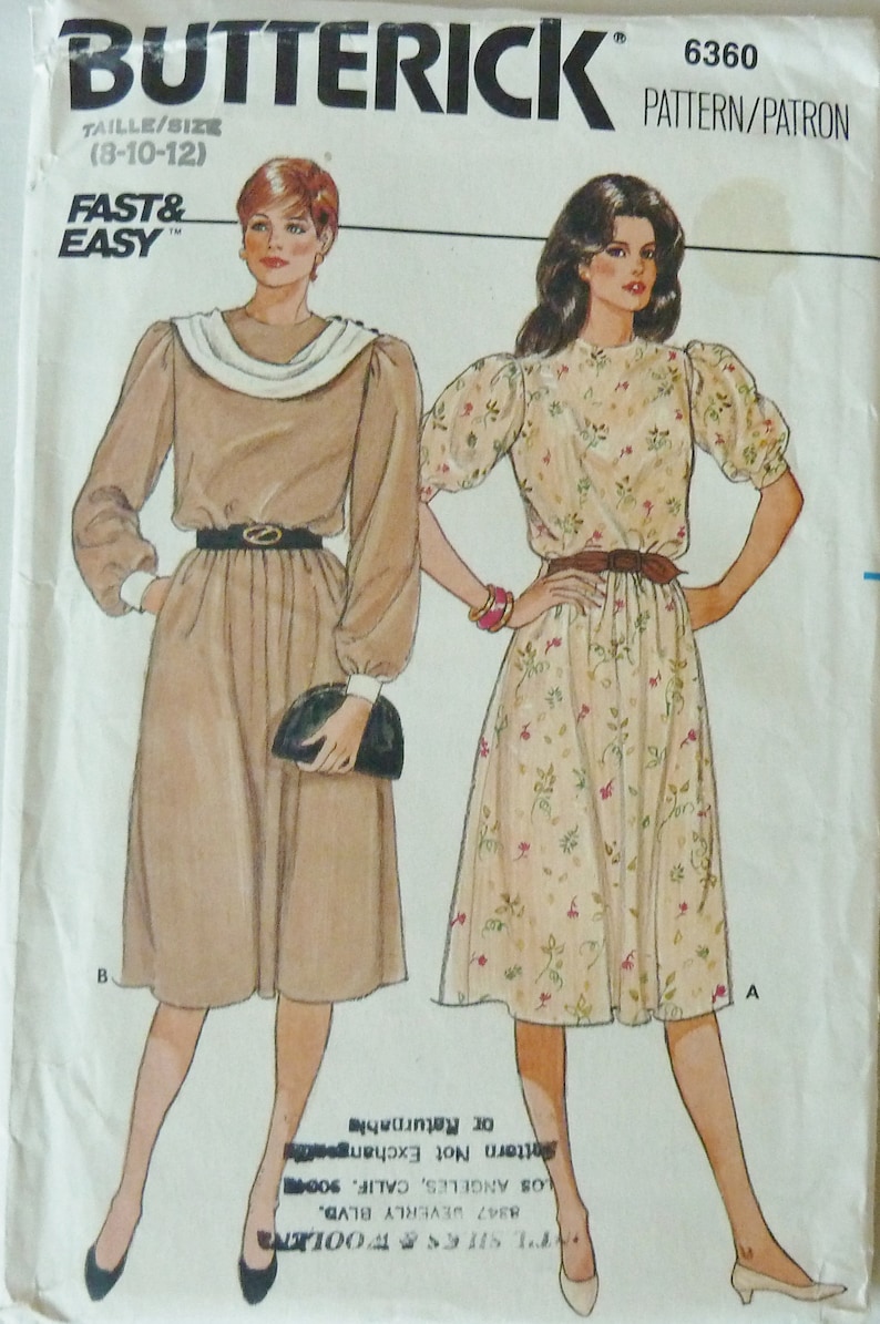 Butterick 6360 Misses/' Dress Classic Blouson Elasticized Waist Vintage 1980/'s New