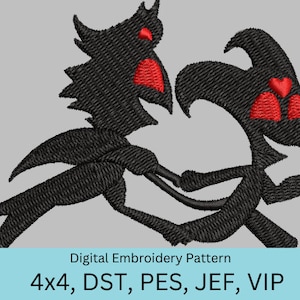 Pode incluir: Padrão de bordado digital de duas figuras pretas com corações vermelhos. O padrão está disponível nos formatos 4x4, DST, PES, JEF e VIP.