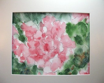Original abstract floral watercolor painting matted and signed featuring pen and ink