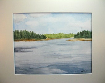 Serene Lake with Trees original watercolor painting matted and signed