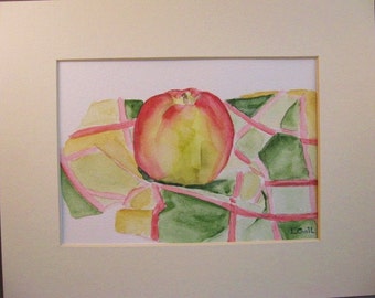 Apple on patterned cloth abstract original watercolor painting matted Kitchen Art