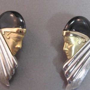 Art Deco style woman's head face earrings silvertone metal image 2