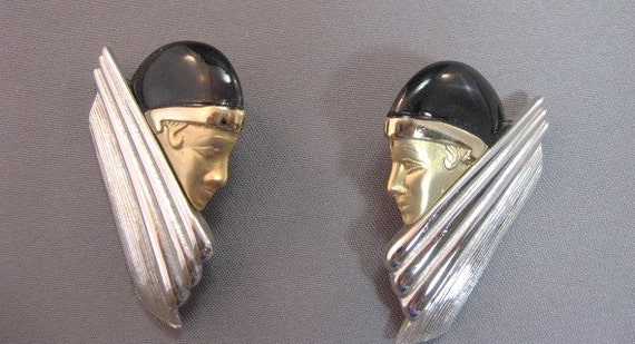 Art Deco style woman's head face earrings silvert… - image 2