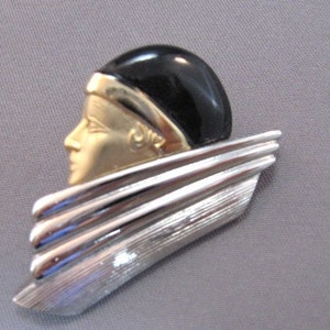 Art Deco style woman's head face earrings silvertone metal image 5