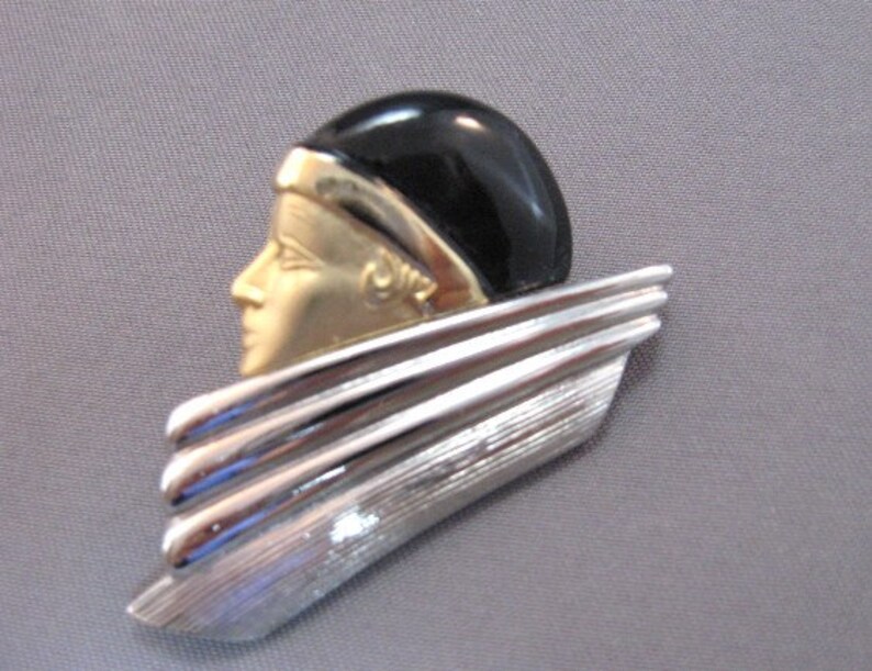 Art Deco style woman's head face earrings silvertone metal image 5