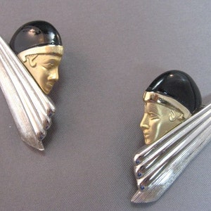 Art Deco style woman's head face earrings silvertone metal image 1