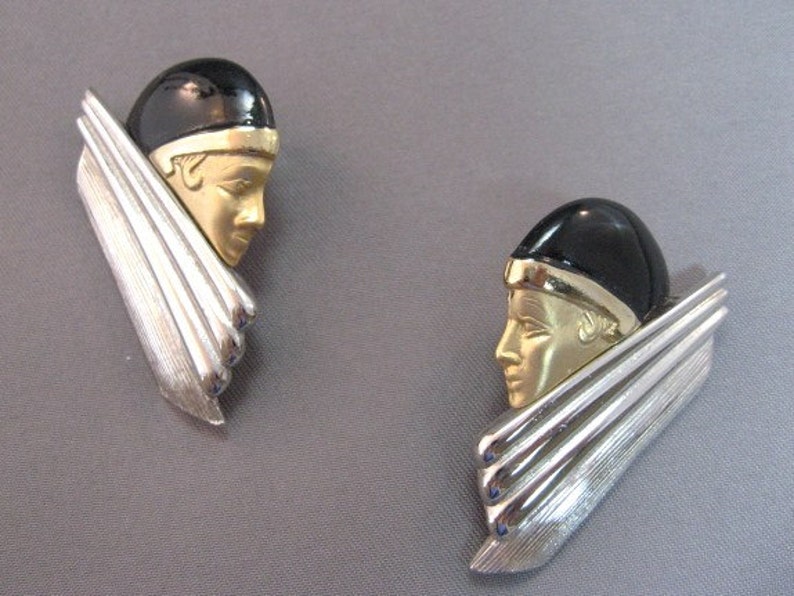 Art Deco style woman's head face earrings silvertone metal image 1