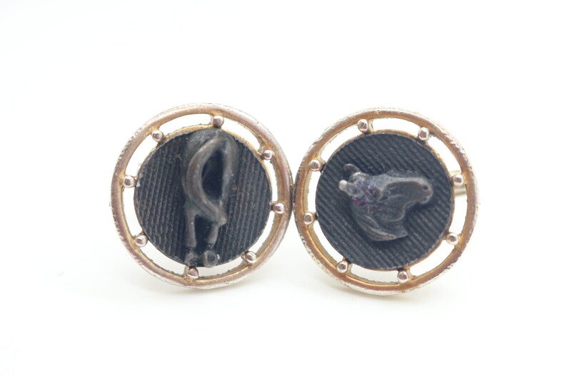 Vintage Mens Cufflinks Black Horse Gold Tone Round 1970s Gents Jewelry Equestrian Animal Stylish Father/'s Day gift Wedding for Men Him Groom