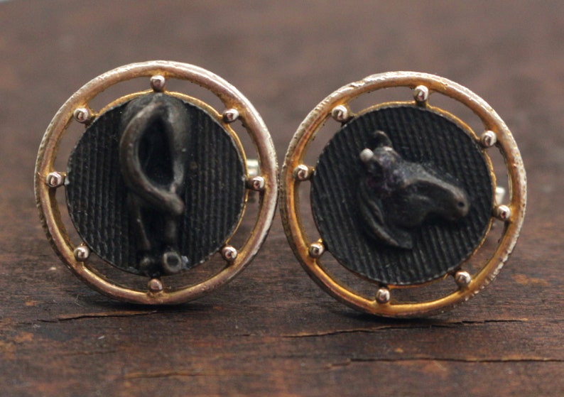 Vintage Mens Cufflinks Black Horse Gold Tone Round 1970s Gents Jewelry Equestrian Animal Stylish Father/'s Day gift Wedding for Men Him Groom