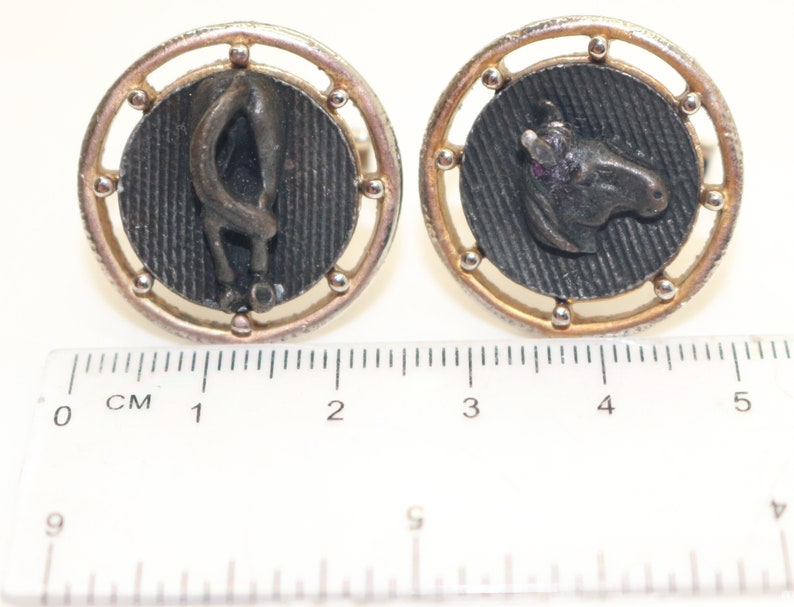 Vintage Mens Cufflinks Black Horse Gold Tone Round 1970s Gents Jewelry Equestrian Animal Stylish Father/'s Day gift Wedding for Men Him Groom