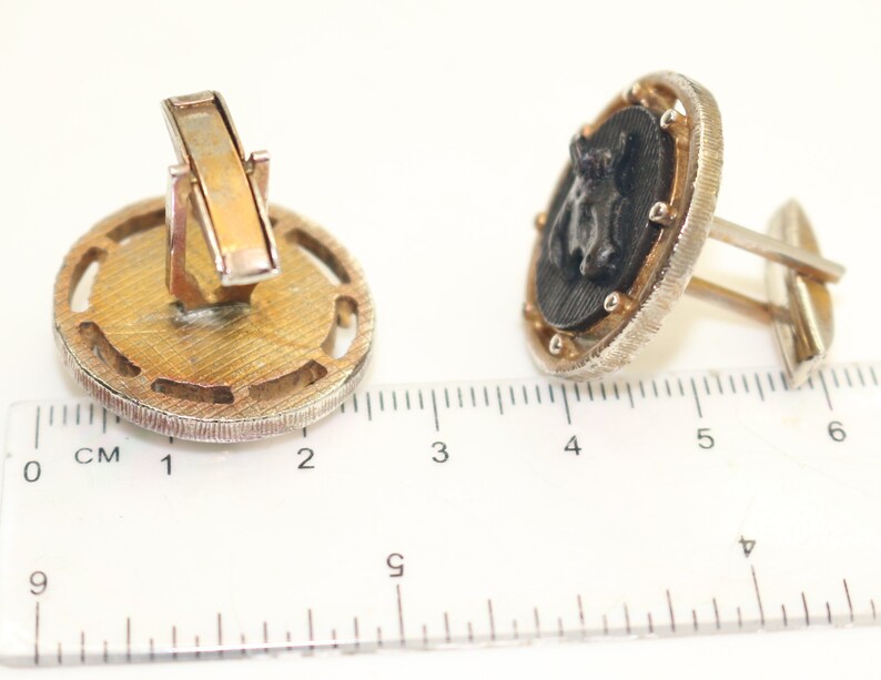 Vintage Mens Cufflinks Black Horse Gold Tone Round 1970s Gents Jewelry Equestrian Animal Stylish Father/'s Day gift Wedding for Men Him Groom