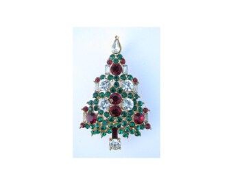 Vintage 1960s LISNER Christmas Tree Brooch with Colored Rhinestones