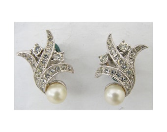 Vintage 1960s MARVELLA Earrings Rhinestone Pave and Pearl Clip-On