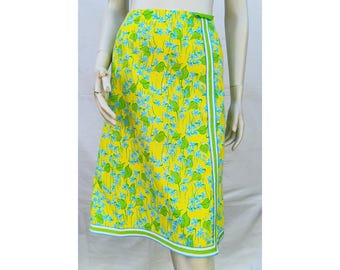 Falda vintage LILLY PULITZER de los años 70 con estampado de pequeñas flores azules y verdes y ribete de cinta