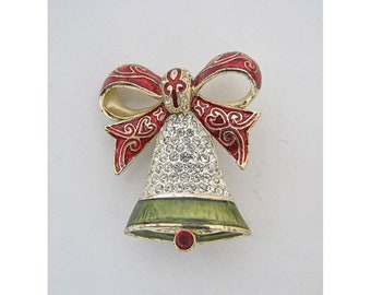 Vintage 1980s MONET Christmas Brooch Bell with Pave Rhinestones & Enamel