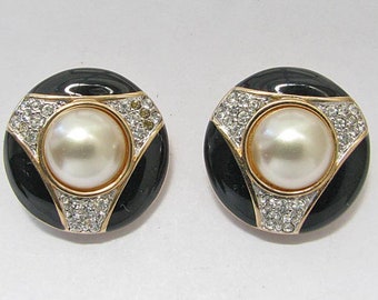 Vintage 1980s SWAROVSKI Earrings Art Deco Enamel Rhinestone & Pearl