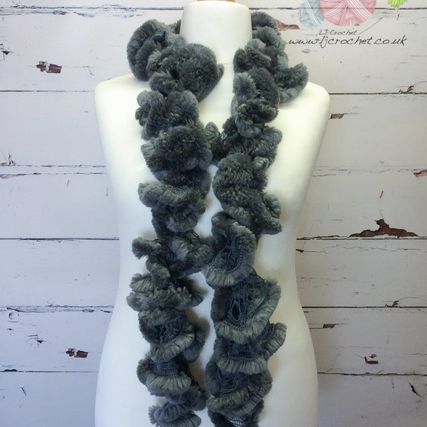 Grey Faux Fur Scarf, Knitted Ruffle Scarf, Crochet Ruffle Scarf, Soft Faux Fur Scarf, Ruffle Scarf, UK Seller
