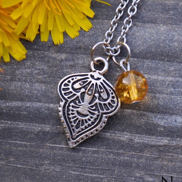 Collier symbole argent pierre Citrine , bijou pendentif porte bonheur hindou spirituel elfique féerique wiccah , Panchalina