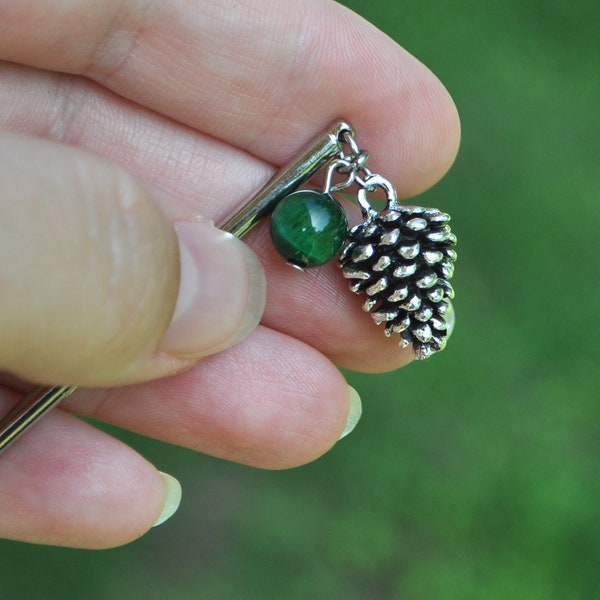 Pique à cheveux pomme de pin argent perle pierre Œil de Tigre vert , bijou accessoire coiffure elfique païen nature fantastique , Tolgriin