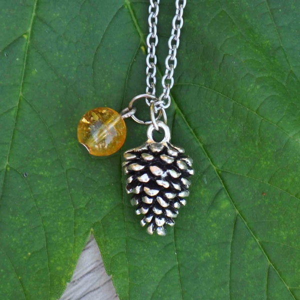 Collier pomme de pin argent pierre Citrine , bijou pendentif porte bonheur nature païen elfique féerique , Tolgriin