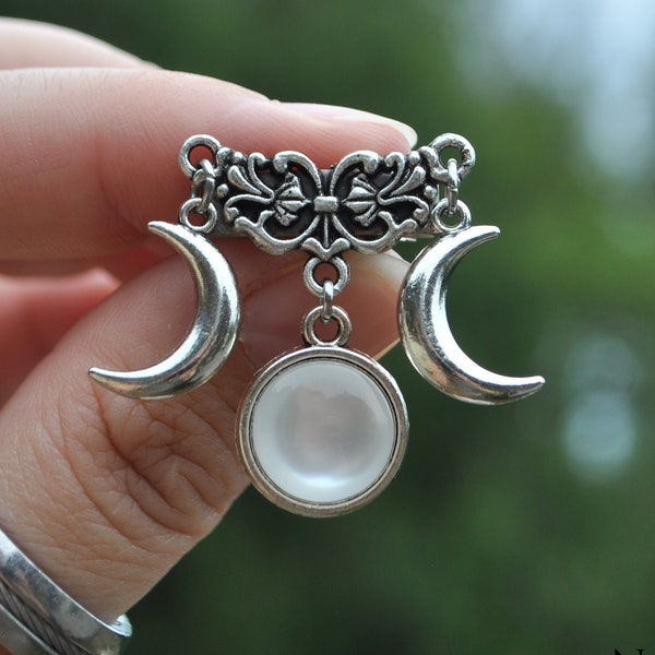 Barrette cheveux lune argent pierre blanche , accessoire coiffure wicca elfique féerique astral , Triple Lune