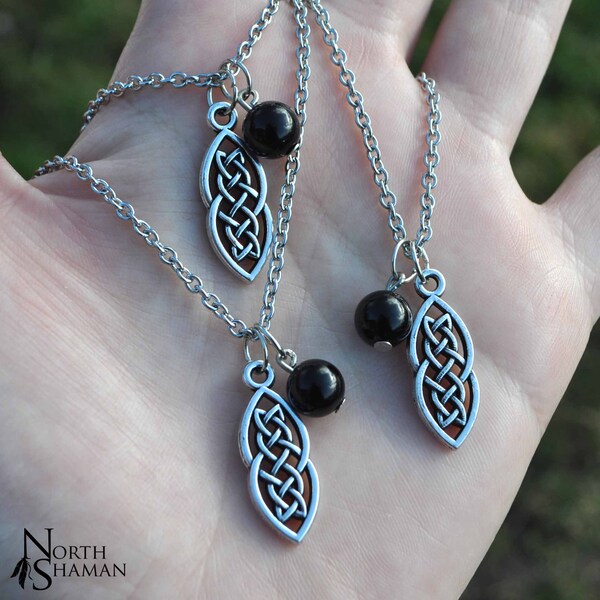 Collier noeud entrelacs argent pierre Onyx noire , bijou pendentif symbole porte bonheur celtique elfique viking païen , Eyvor