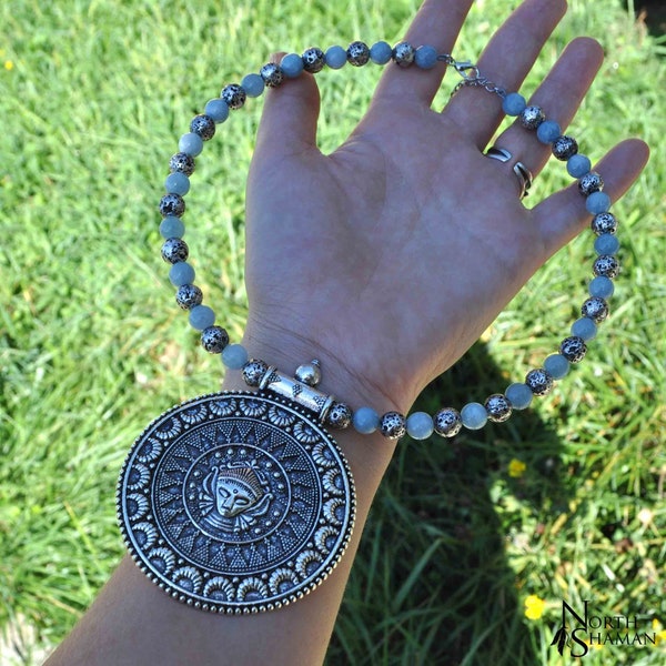 Collier torque perles lave argent pierre Aigue Marine bleue  , bijou pendentif argent tribal primitif aztèque inca maya ethnique , Kapak