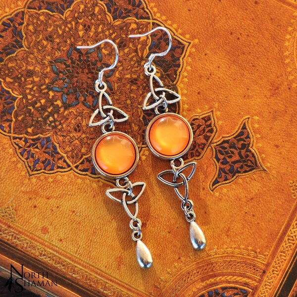 Boucles d'oreilles longues nœud Triquetra argent pierre orange , bijou celtique elfique viking , Delyth