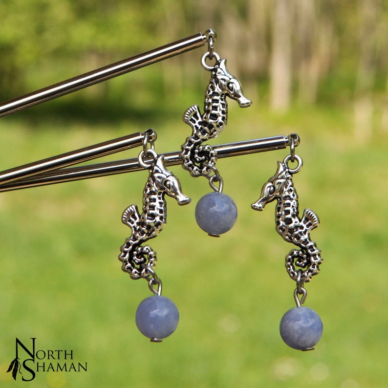 Boutons De Manchette Hippocampe Argent Avec Pierre Bleue - Attache à Cravate Assortie - Occasion