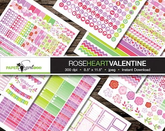 EC Printable planner sticker, Red & Pink colour Rose Heart Valentine, print and cut, 6 pages DIY sticker, Letter size 8.5" x 11" (S0003)