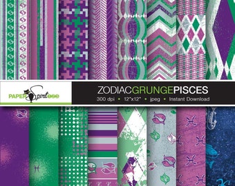 Zodiac Grunge Pisces, 5 labels, lilac, violet & green, 16 digital paper, Scrapbooking craft paper, Printable, Instant download (DP0071)