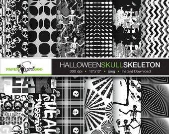 Halloween black and white digital paper, skull & skeleton pattern, Typography Scrapbooking craft paper, Printable, Instant download (DP0088)