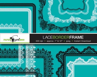 Lace borders round, oval, square, rectangle frames, 6 designs, 48 frames, 88 borders in black & white, PNG / transparent, Printable (F0003)