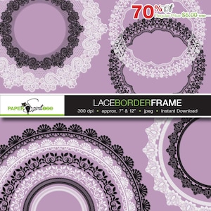 Lace borders round, oval, square, rectangle frames, 6 designs, 48 frames, 78 borders in black & white, PNG / transparent, Printable (F0005)