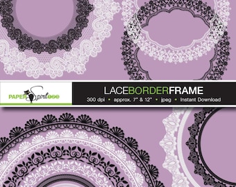 Lace borders round, oval, square, rectangle frames, 6 designs, 48 frames, 78 borders in black & white, PNG / transparent, Printable (F0005)